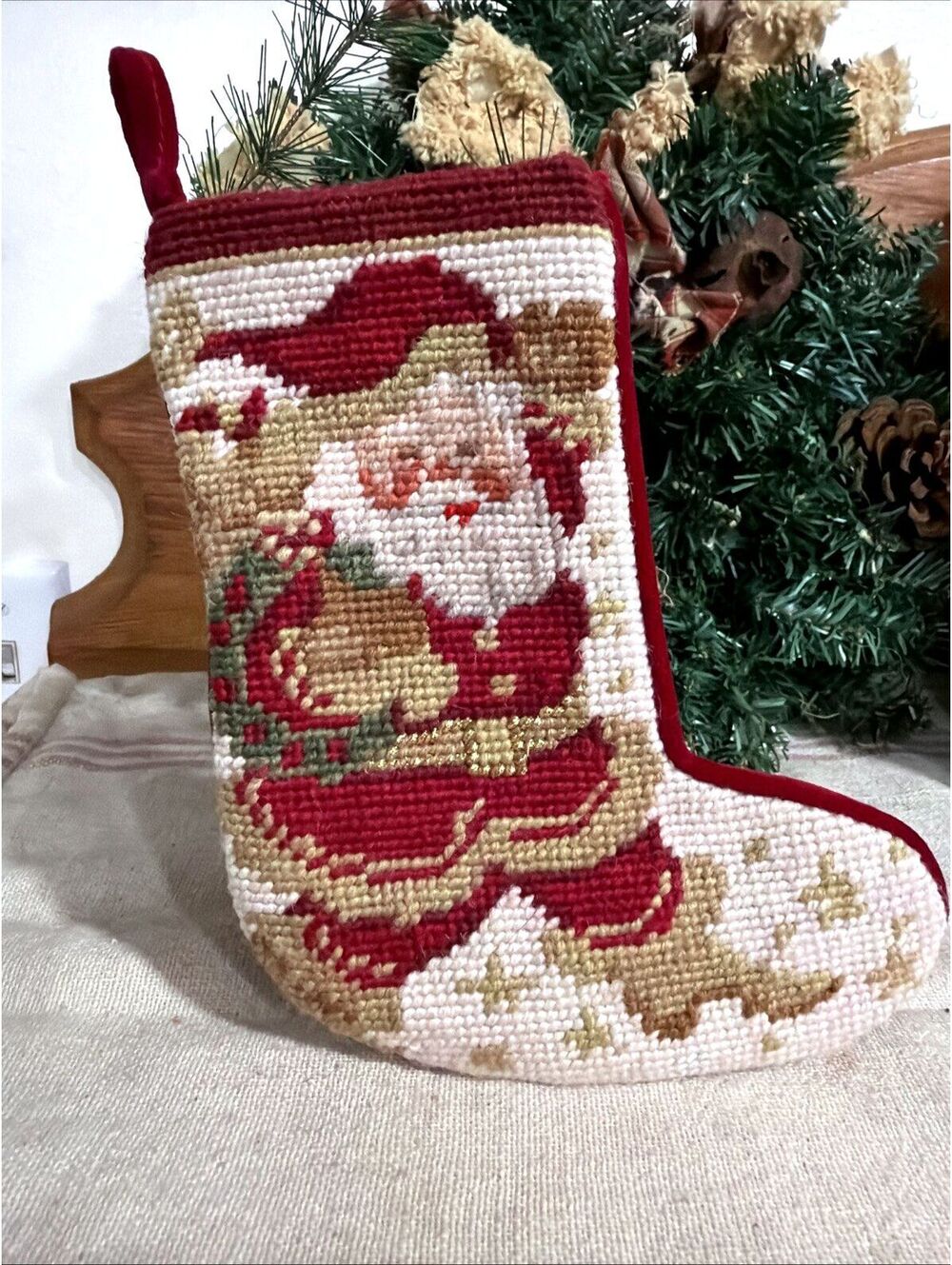 Vtg Mini Needlepoint Christmas Stocking Ornament Santa Claus Wool Velvet 7.5